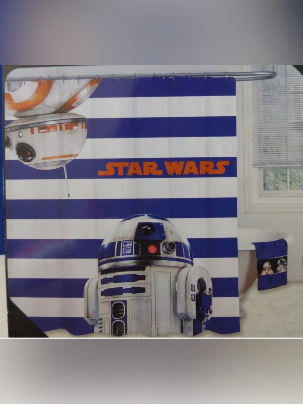 Star Wars Kids Shower Curtain - Blue & White Stripes with R2-D2 and BB-8
